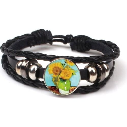 Vintage Van Gogh Klimt Art Painting Leather Rope Bracelet Glass Bullet Buttons Charm Bracelet Mens and Womens Jewelry Gifts