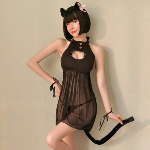 Kawaii Cat Hollow Out Embroidery See Through Women Babydoll Nightdress Cute Kitty Cosplay Backless Dress With Cat Ear Tail