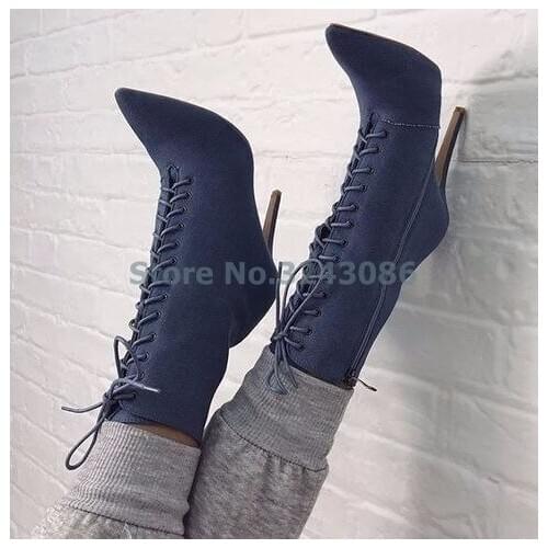 Pointed Toe Sexy Ankle Boots Blue Denim Cross Tied Thin High Heel Boots Dusty Pink Satin Side Zipper Lace Up Women Ankle Boots