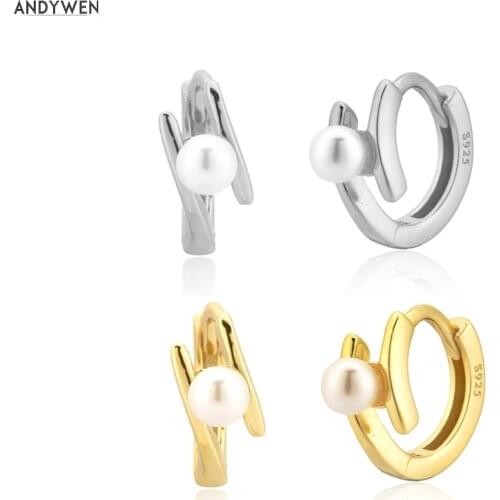 ANDYWEN 925 Sterling Silver 2020 7.5mm Pearl Huggies Women Small Hoops luxury Fashion Fine Jewelry 2020 Piercing Ohrringe Jewels