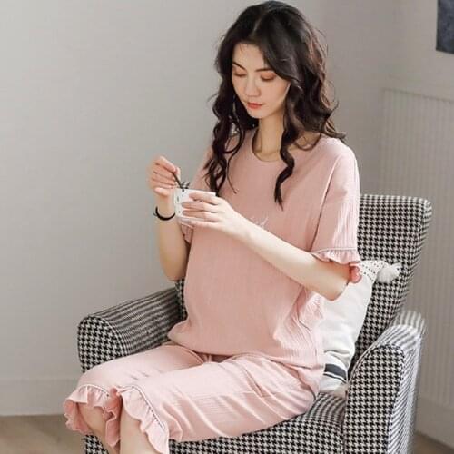 Pajamas women summer cotton short-sleeved sleepwear clothes 3/4 pant cotton strips home wear women two-piece pijama suit