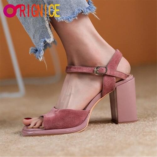 Orignice New Summer Kid Suede Sandals Women Fashion Sexy Open Toe Ankle Strap Square High Heel Party Female Shoes Yellow Pink