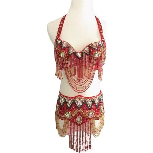2018 Oriental Women Belly Dance Clothes Eastern Style Beaded Top and Belt 2pcs Set Beaded Costumes for Belly Dance Bra Belt