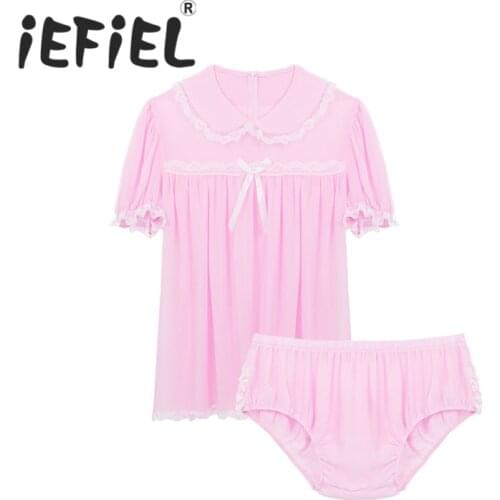 Mens Adults Lingerie Sissy Chiffon Outfit Doll Collar Short Puff Sleeve Frilly Crossdress Dress with Ruffled Underwear Panties