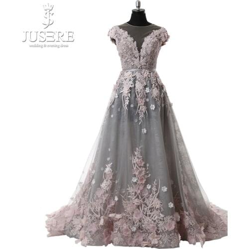 Transparent Neckline Cap Sleeve Semi A line Grey Tulle Pink Floral Lace Open Back Elegant Lady Flower Train Evening Dress 2018