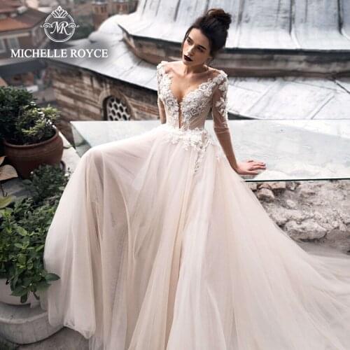 Michelle Royce A-Ling Wedding Dresses 2020 V-Neckline Long Sleeve Appliques Button Chapel Train Bridal Gowns Vestido De Noiva