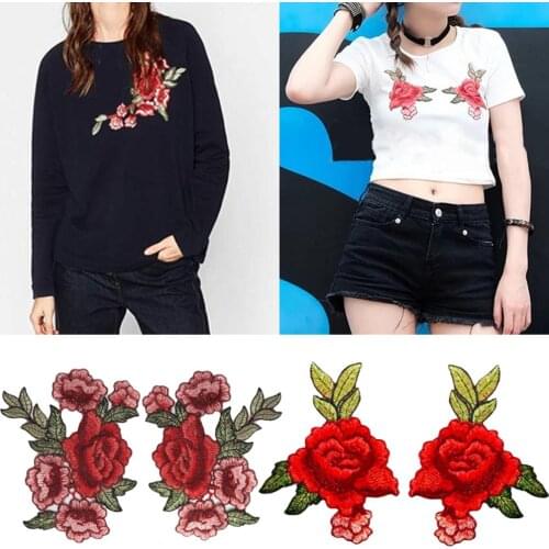 1Pair Long Red Roses Flowers Embroidery Iron On Patches Sewn Applique Embroidered DIY Clothes