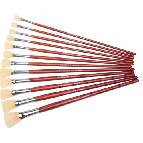 6 pcs Pig bristles hair fan shap paint brush gouache watercolor pen long wooden pole oil brush set acrylic paint art supplies