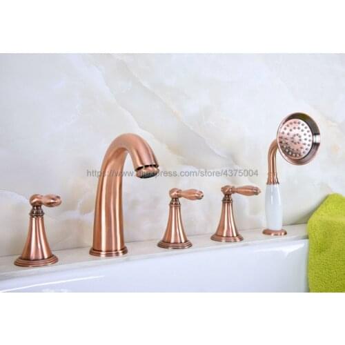 Antique Red Copper 5piece Bathtub fauce bathroom faucet for hot and cold Mixer tap Sink faucet 3 handle 5 hole Ntf203