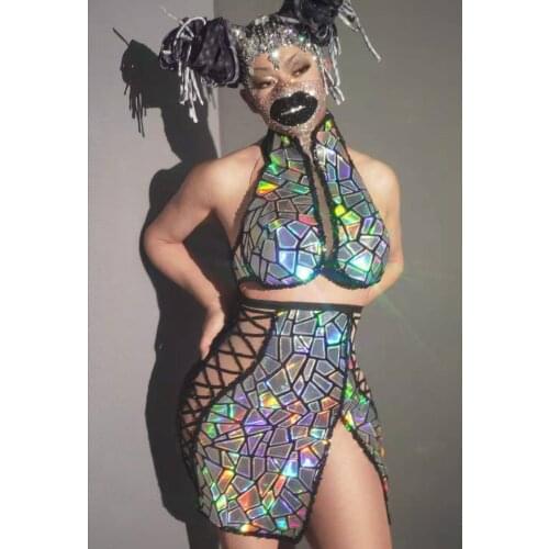 Shiny Sequin Party Dress Women Sexy Hollow Out Bandage 2-Piece Set Prom Bodycon Dress Nightclub Bar Singer Dancer Stage Costumes