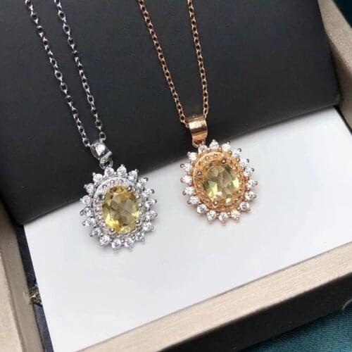 100% Solid 925 Sterling Silver 6x8mm Oval Cut Natural Citrine Brilliant Pendants Necklace For Women Gift