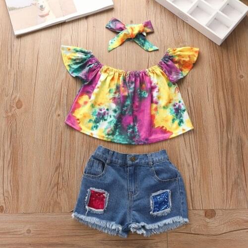 Toddler Kids Baby Girl Sets Summer Fly Sleeve Tie-dye Tops+ripped Denim Shorts Outfit Sukienki Dla Dzieci Vestidos De Verano