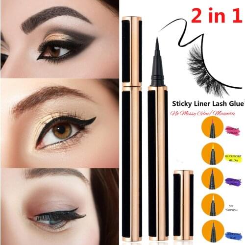 Hot 2in1 Upgraded Self-adhesive Eyeliner Pen Diamond Bling Glitter Liquid No Glue Non Magnetic for Makeup and Wear False Eyelash