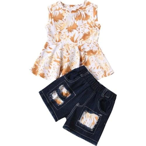 Cute Kids Girls Set Floral Print Round Collar Sleeveless Pullover Tops+ Denim Shorts for Summer Baby Girls Outfits Sets