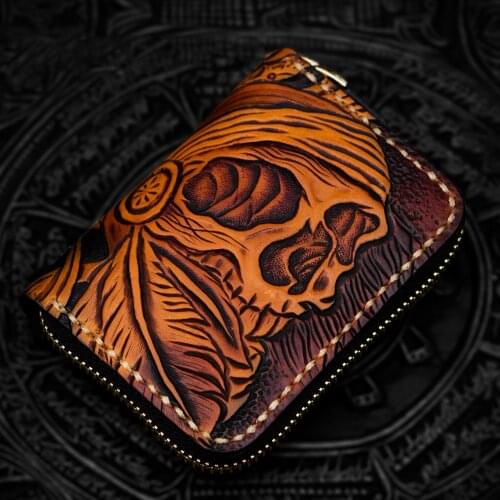 Mini Purse Mens Short Zipper Skull Heads Wallet Ladies Genuine Leather Card Holder Bag Coin Purses Portfel Damski