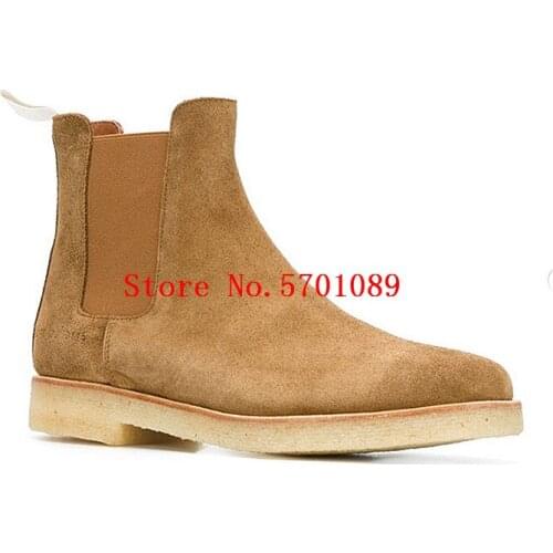 Men Chelsea Boots Common Genuine Leather Round Toe Ankle Boots Elastic Side Panel Loop Tab Pulled On Martin Boots Shoes