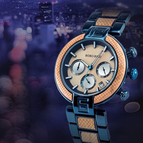 Watch Men BOBO BIRD 2020 New Stopwatches Date Display Wood Metal Design In Japanese Movement Bamboo Gift Box relogio masculino