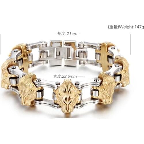 Vintage Bracelet Chain 316L Stainless Steel Gold Lion Head Bicycle Link Chain Mens Boys Bracelet Bangle 9.05"(21cm) ,22.5mm
