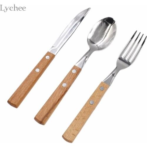 Lychee Life 18pcs/set Wood Handle Tableware for Birthday Party Western Food Home Living Lunch Dinner Stainless Steel Tableware