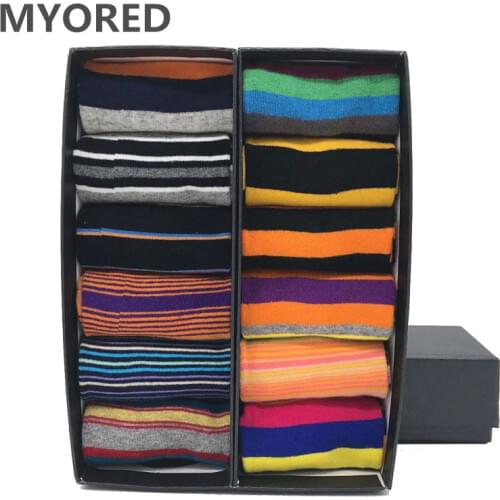 MYORED 12pairs/Lot mens colorful stripes pattern novelty casual dress sock party socks set wedding gift pack NO BOX