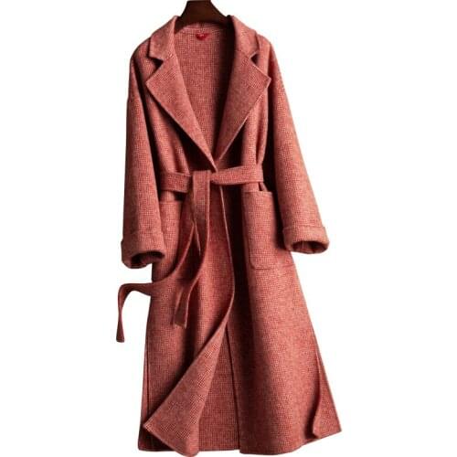 New Double Face Cashmere Coat Womens Thousand Bird Pattern Korean Loose Woolen Coat Medium Long Large Hepburn Style Outwear