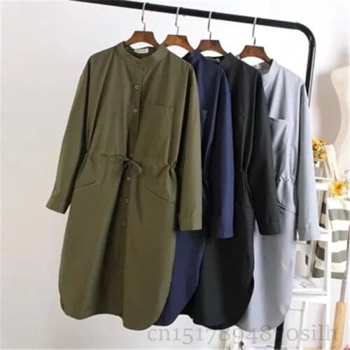 New Spring Autumn Slim Waist Women Shirt Dresses Casual Long Cotton Blouse Dress Loose Long Sleeve Tops Female Windbreaker Z234
