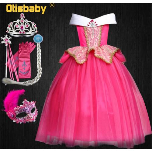 Girls Aurora Princess Dress Bebe Pink Lace Flower Sleeveless Long Evening Dress Halloween Sleeping Beauty Fairies Costume Child