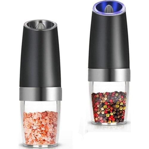 Premium Gravity Electric Salt and Pepper Grinder Set of 2 Battery Powered Salt Shakers, Automatic One Hand Pepper Mills with L
