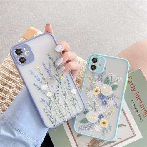 Cute Flower Leaf Clear Phone Case For iPhone 11 12 Pro Max X XR XS Max 7 8 Plus SE 2020 Soft TPU + Matte PC Back Cover Coque