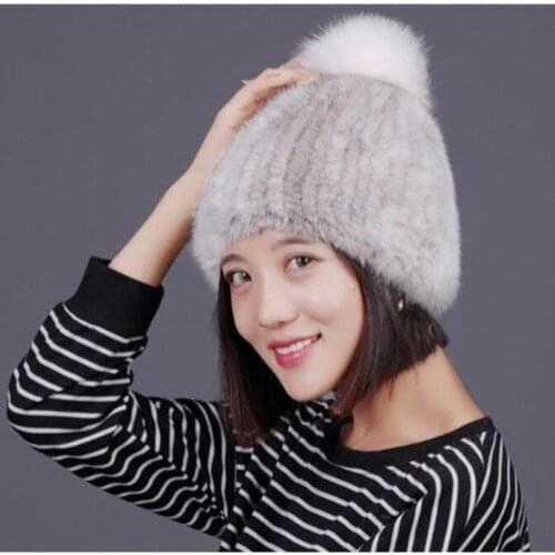 Luxury Real Mink Fur Caps Warm Knitted Winter Female Hat with Big Fluffy Pompom Beanies H6