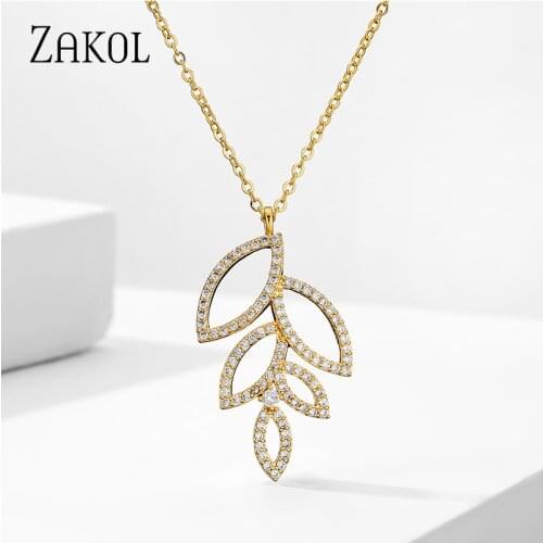 ZAKOL Luxury Elegant Hollow Leaf Pendant Necklace CZ Cubic Zirconia Wedding Party Jewelry Gift for Women Trendy 2021