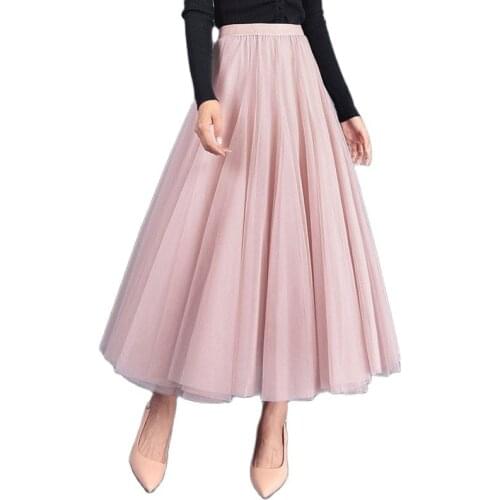 KYLIE PINK Mesh Skirt Longue Tulle Spring Long Pleated Tutu Skirt Elastic High Waist Womens Summer Vintage Skirt For Festival
