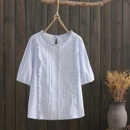 2019 new summer women Japan style fresh Lace cotton blouse mori girl embroidery O-Neck short sleeve casual shirt tops women