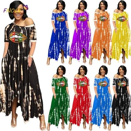 Womens Clothing Lip Print Casual Dress Slit Wide Collar Tie-Dye Dresses FNOCE Side Pockets Bare Shoulders 2021 Short Sleeve