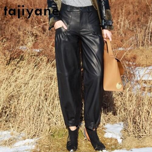 2021 Women Pants High Waist Trousers Woman Real Sheepskin Pants Womens Leather Trousers Casual Spodnie Damskie TN1315