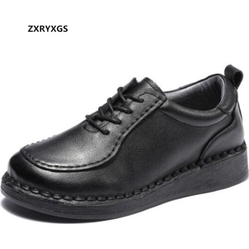 ZXRYXGS 100% Natural Genuine Leather Shoes Woman Flats 2021 New Lace-up Deep Mouth Sneakers Soft Sole Comfortable Roman Shoes