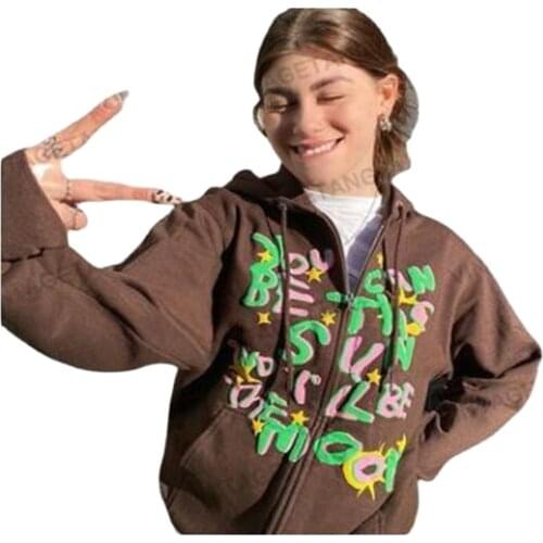Autumn 2021 Fashion Korean Version Outerwear Women/Girl Retro Graffiti Print Long Sleeve Loose Brown Zipper Hooded Sweatshirts