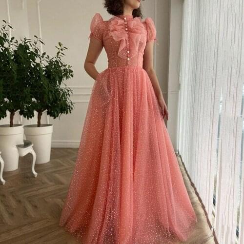Eightree Coral Long Prom Dresses 2021 High Neck Short Sleeve Women Formal Party Evening Gowns with Pocket Vestido de Formatura