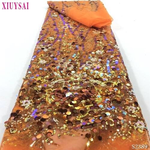 African Lace Fabric High Quality Sequins Lace Orange Heavy Sequined Design For Wedding Dress Material Sew