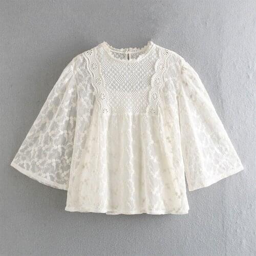 Blouse Women 2021 Fashion Floral Embroidery Lace Top Round Neck 3/4 Sleeve Elegant Ladies Blouses Casual Summer Tops Clothing