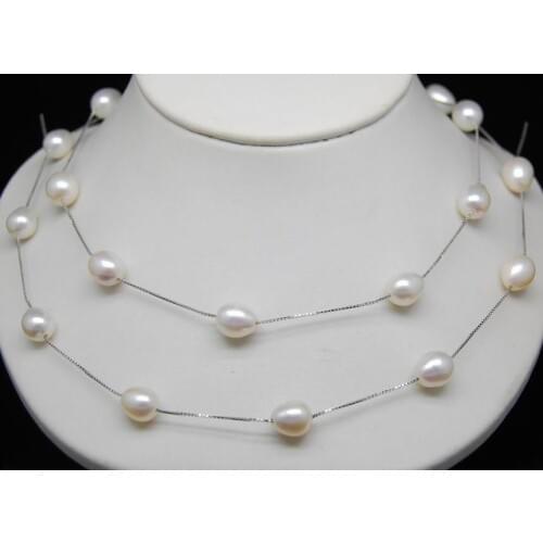 Natural White Pearl AAA+ 8-9MM Rice pearl 35" Long Necklace Chain