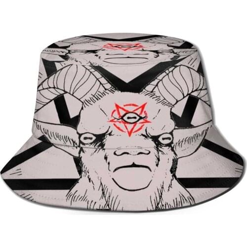 Pentagoat Pattern Design Printed Travel Bucket Hats Pentagram Baphomet Black White Outlines Goat Devilish Devil Red
