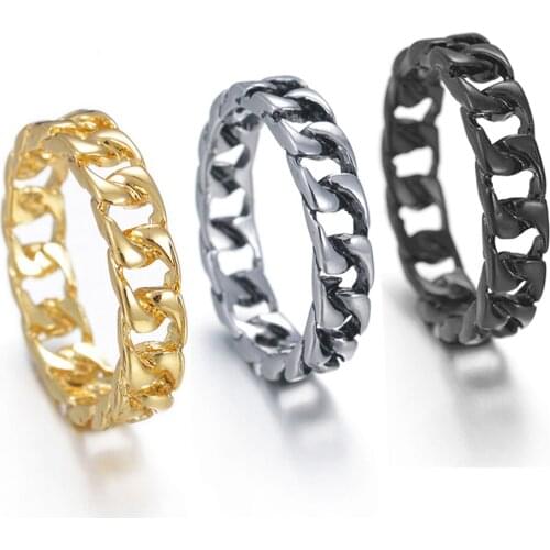 3 Colors Punk Chain Ring Trendy Link Black Gold Silvery Vintage Rings for Men Women Rock Roll Party Jewelry Gift Wholesale