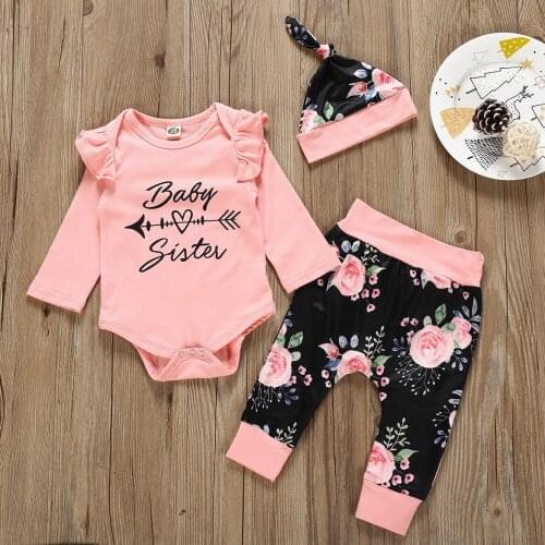 Kid Toddler Infant Baby Boy Girl Letter Romper+Print Pants+Cap Outfits Set All Outfits Clothes Baby Girls Clothing Suit Ropa