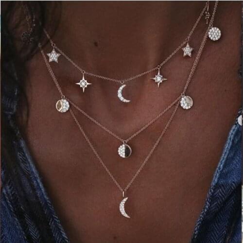 Hot Sale Vintage Multilayer Crystal Pendant Necklace Women Gold Color Beads Moon Star Horn Crescent Choker Necklaces Jewelry New