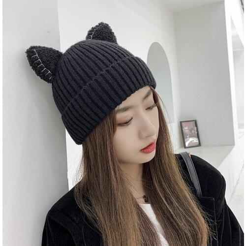 2021 Cute Hat With Ears Warm Female Cap Knitted Winter Cat Skullies Hat Winter Woman Outdoor Beanies Hat Panama Lady Cap