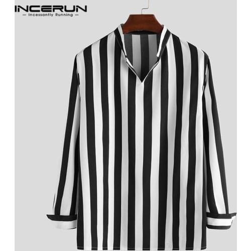 INCERUN Fashion Mens Striped Shirt Loose Breathable V Neck 2021 Streetwear Long Sleeve Casual Brand Shirts Camisas Hombre S-5XL