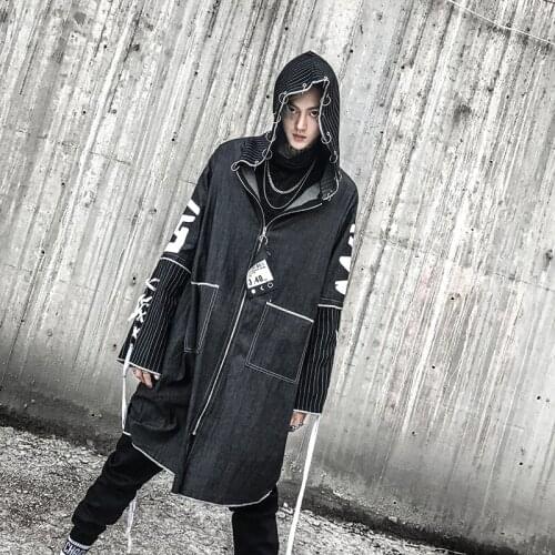 2021 New Cross Ribbon Overcoats Men High Street Fashion Printing Hip Hop Punk Style Long Hooded Trench Jacket Male Loose Coat