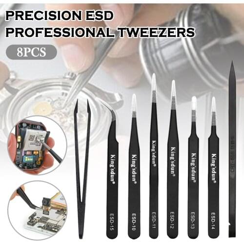 8Pcs Anti-static Tweezers Set ESD Stainless Steel Tweezers Repair Tools Curved Straight Pointed Tweezer with Carrying Pouch
