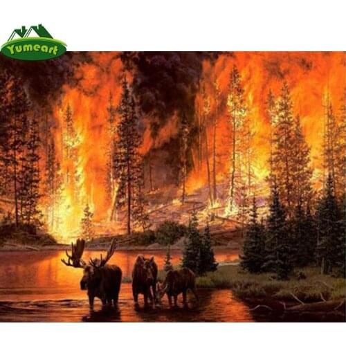 YUMEART Diy Diamond Painting Cross Stitch Deer Avoiding Fire The Lake Needlework Diamond Embroidery Moose Mosaic Kits Wall Decor